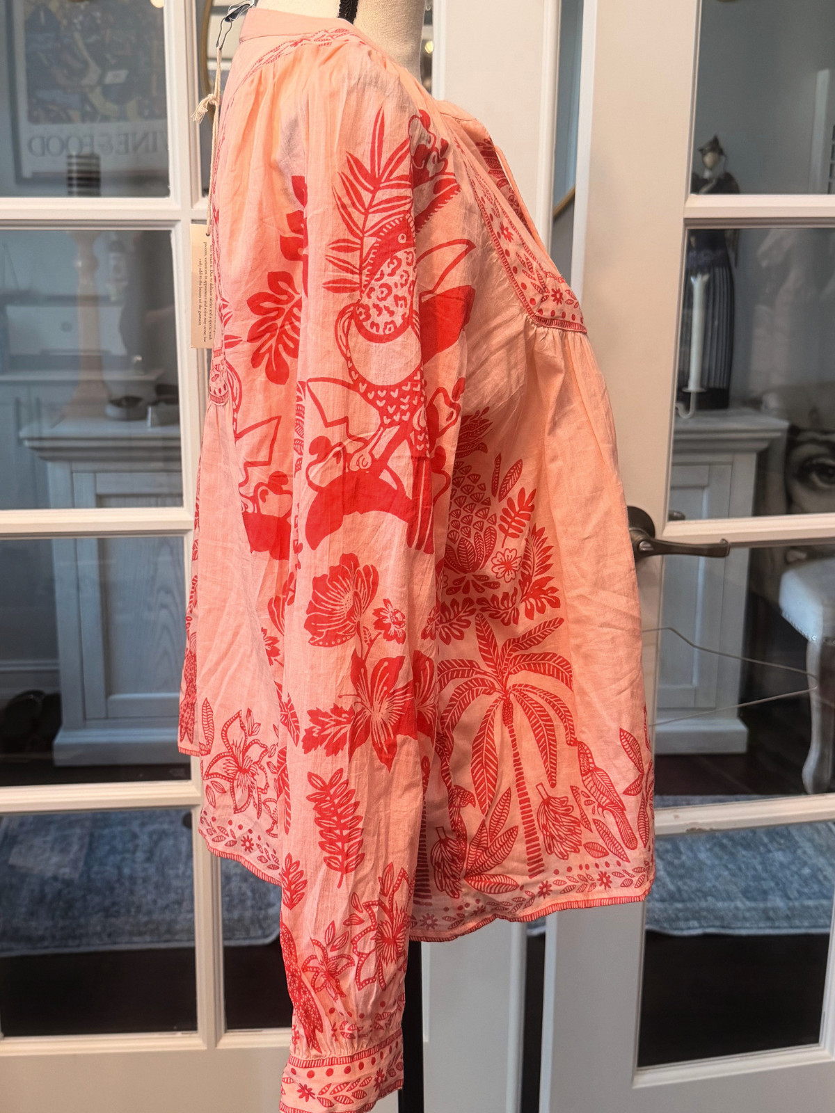 Calypso St. Barth Womens Boho Peasant Beach Blouse Top Peach Palm Tree Design M