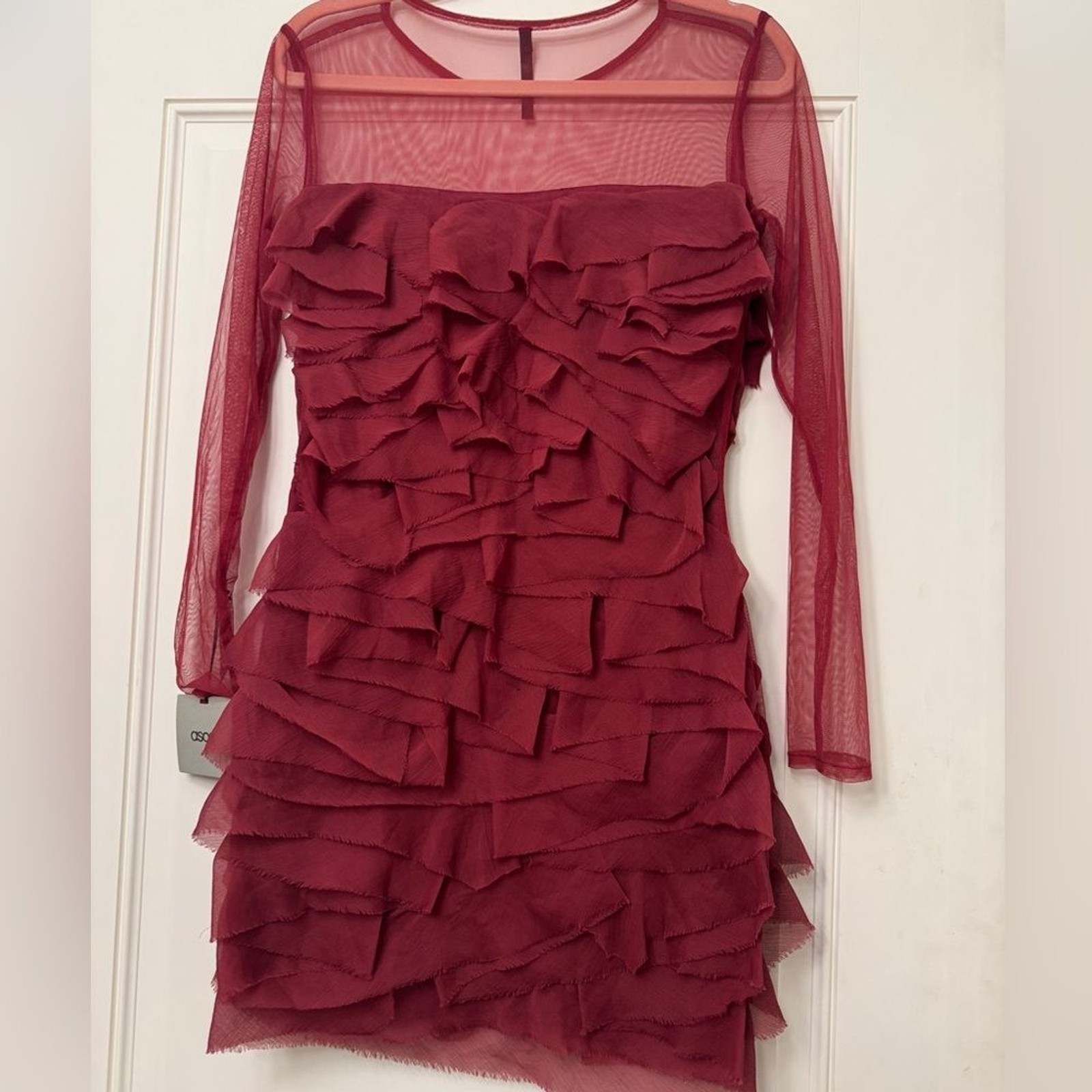 NWT ASOS Burgundy Ruffle Long-Sleeve Mesh Party Dress 4