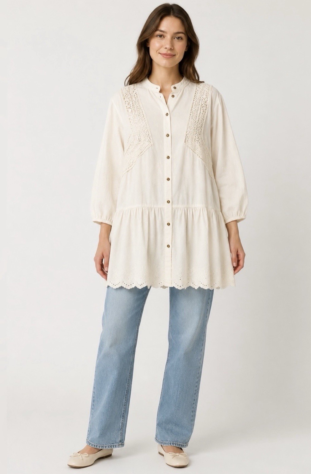 Zara Embroidered Lace Peplum Tunic Blouse Women’s Small Ivory Boho Cottagecore