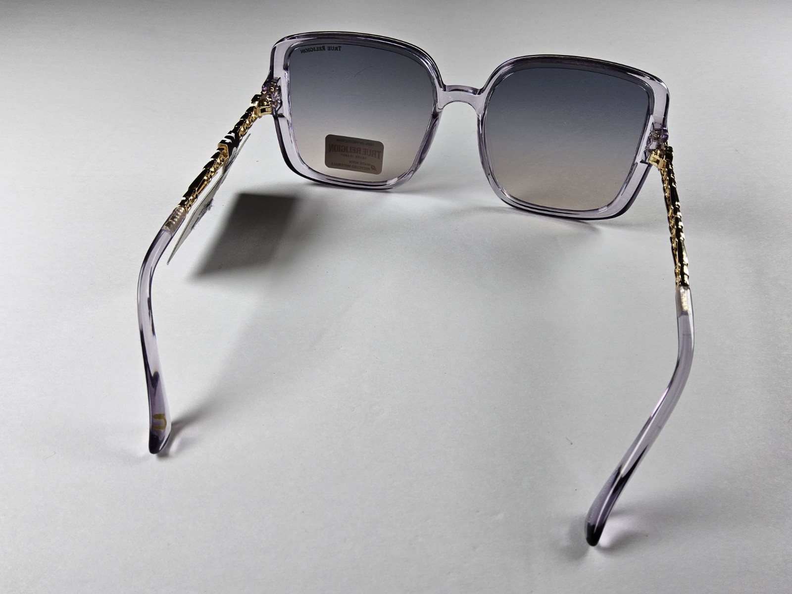 True Religion 100% UV Protection Oversized Square Purple Gold Logo Sunglasses