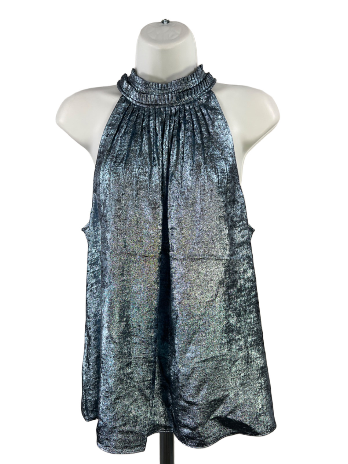 White House Black Market Women’s Blue Metallic Pleated Sleeveless Blouse – 12