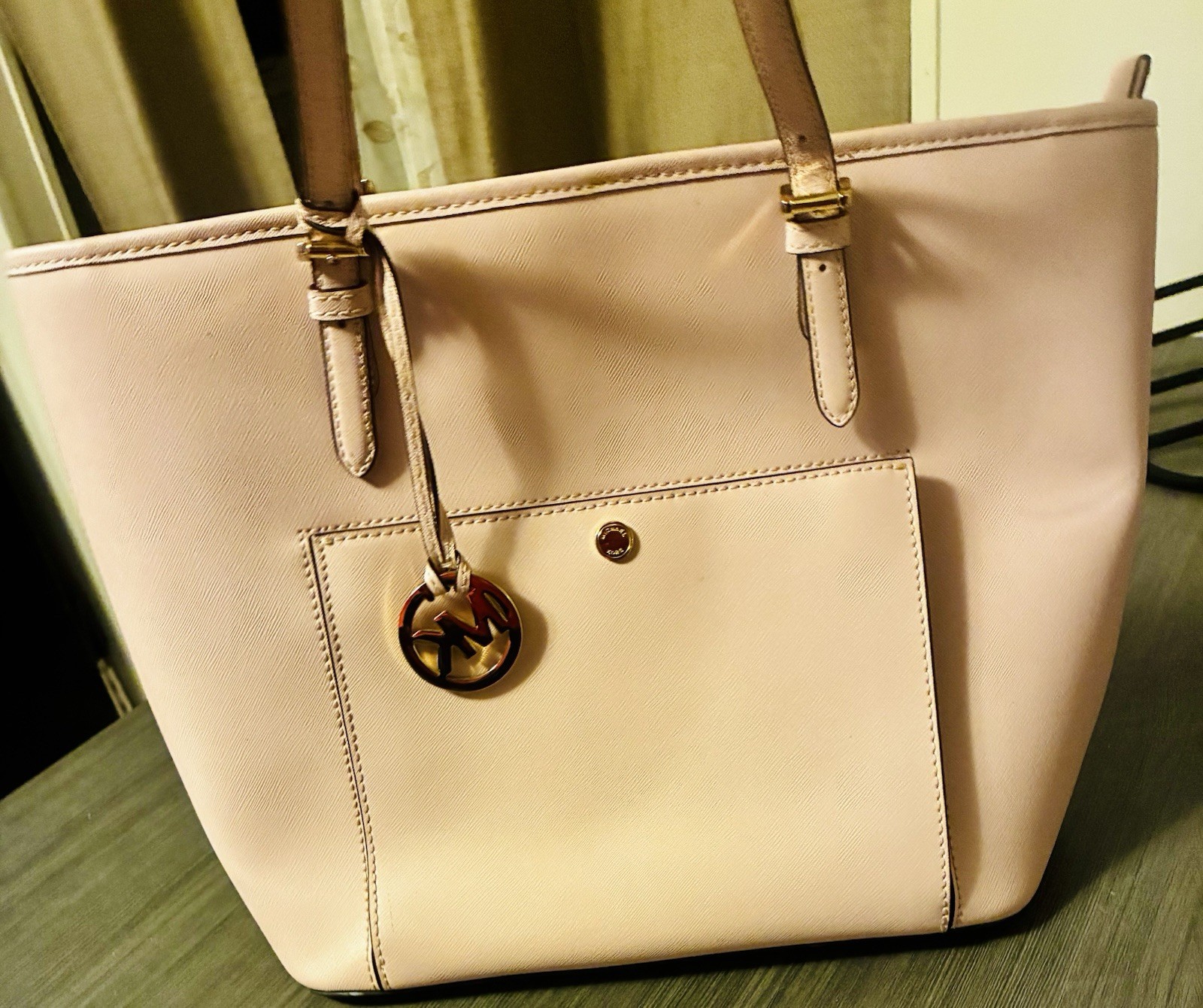 Michael Kors Pink Large Tote Zip Top Gold Tone MK Charm Double Handles Pockets