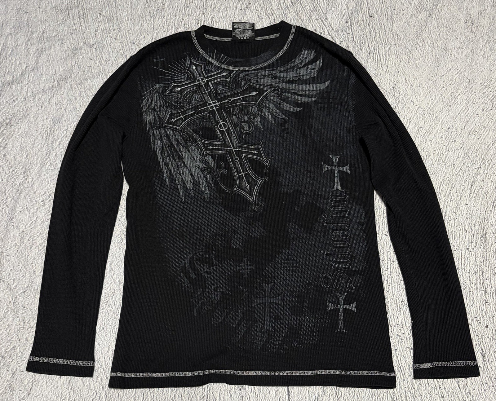Vintage Y2K Boundaries Longsleeve Waffle Shirt Men Medium Cross Affliction Style