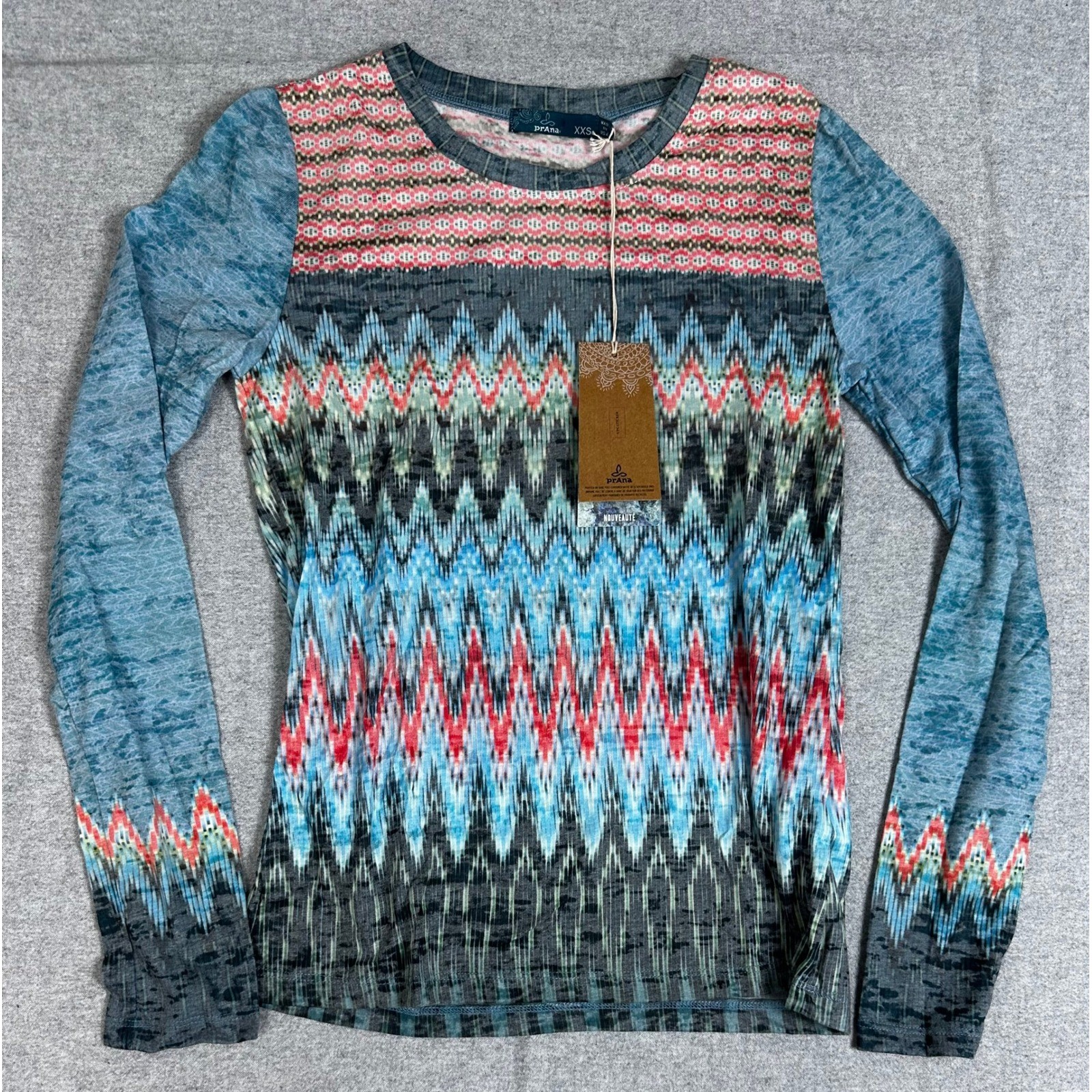 NWT Prana Long Sleeve Top Womens XXS Blue Ikat Geometric Organic Cotton Blend