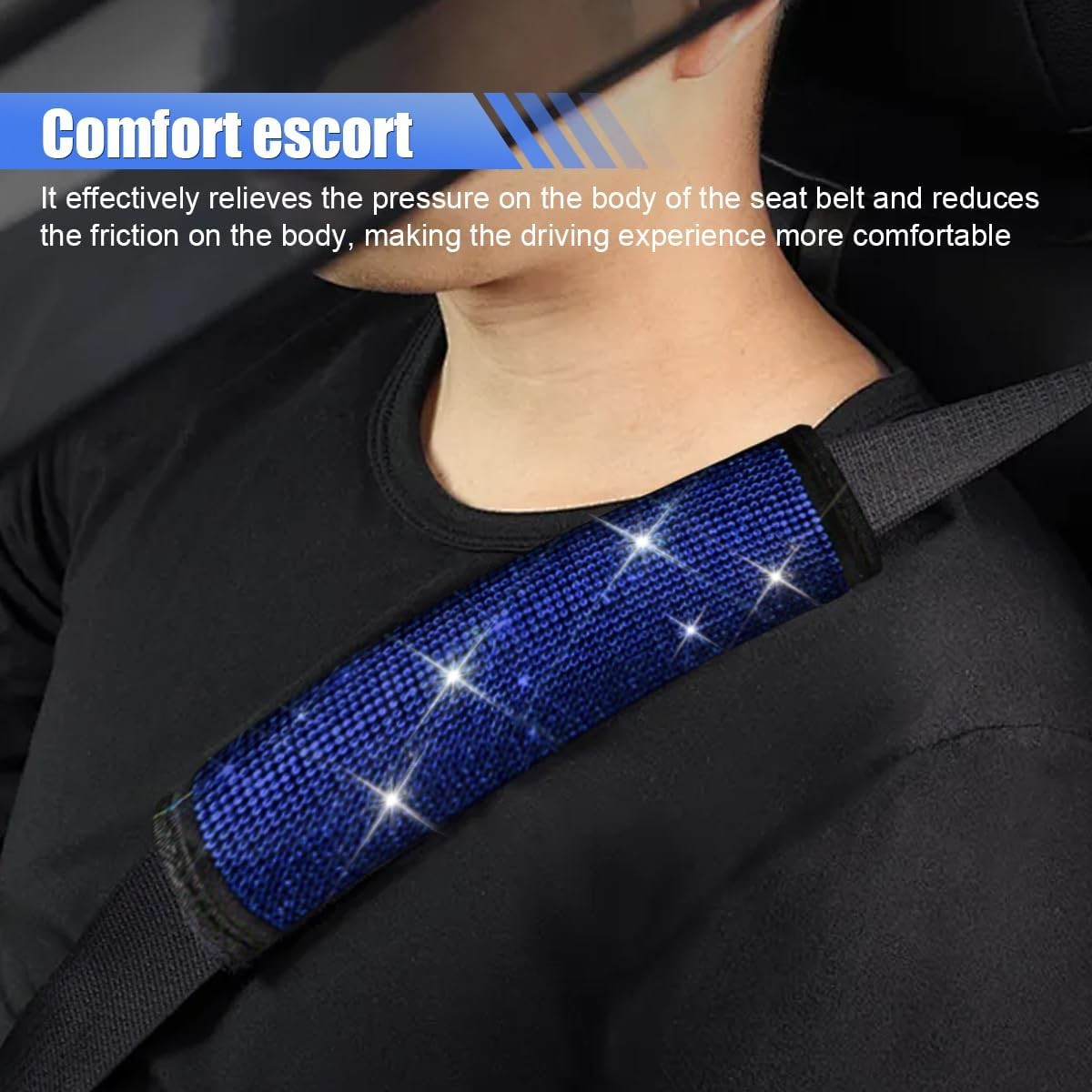 2PCS Rhinestone Crystal Car Seat Belt Covers, Glitter Seat Strap S Color: Blue