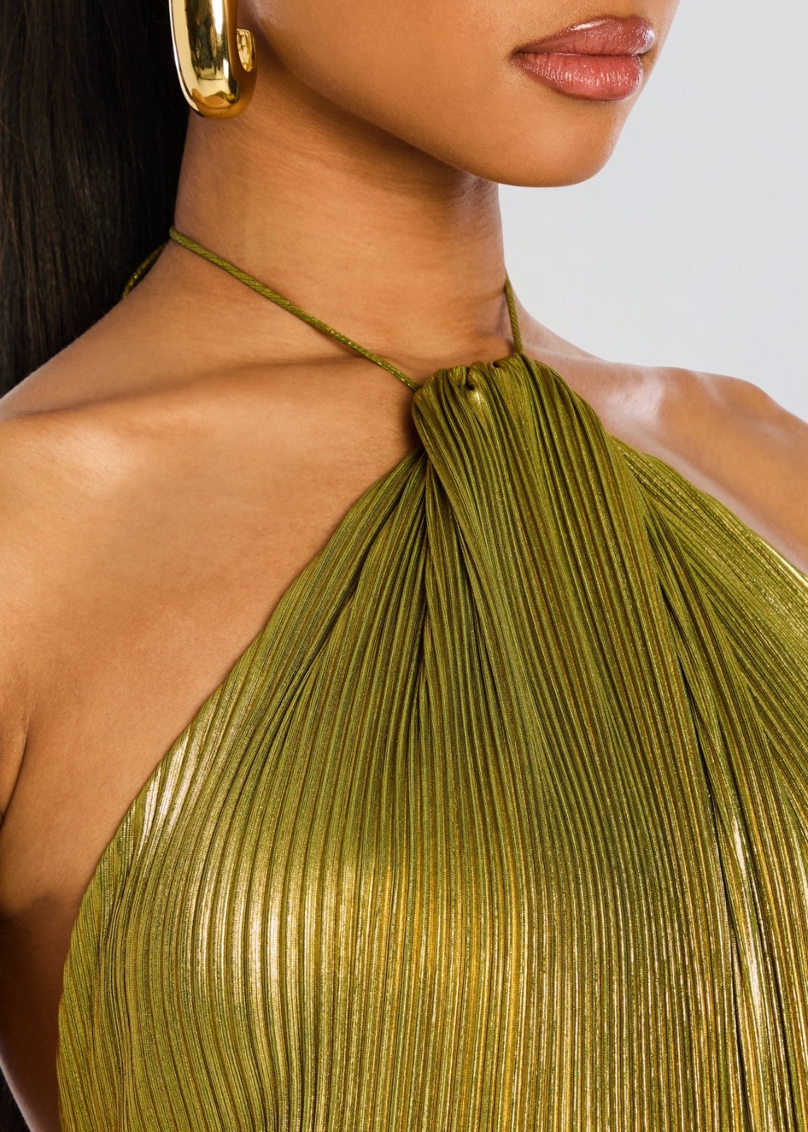 NWT RETROFETE Thalia pleated halter side-slit maxi dress – Metallic Peridot – M