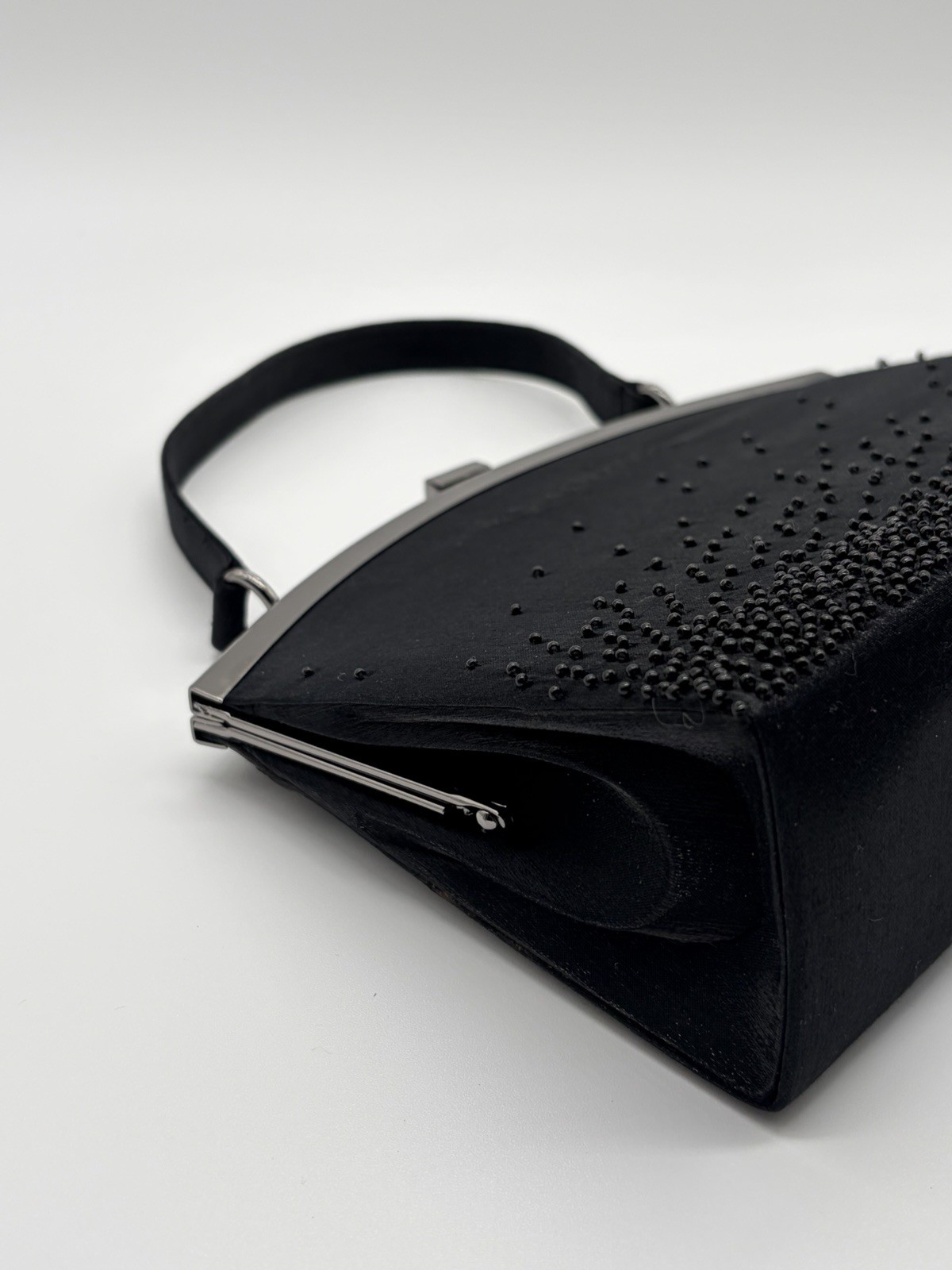 Fio Rucci Black Beaded Evening Bag Purse Silver Frame Top Handle Formal Clutch