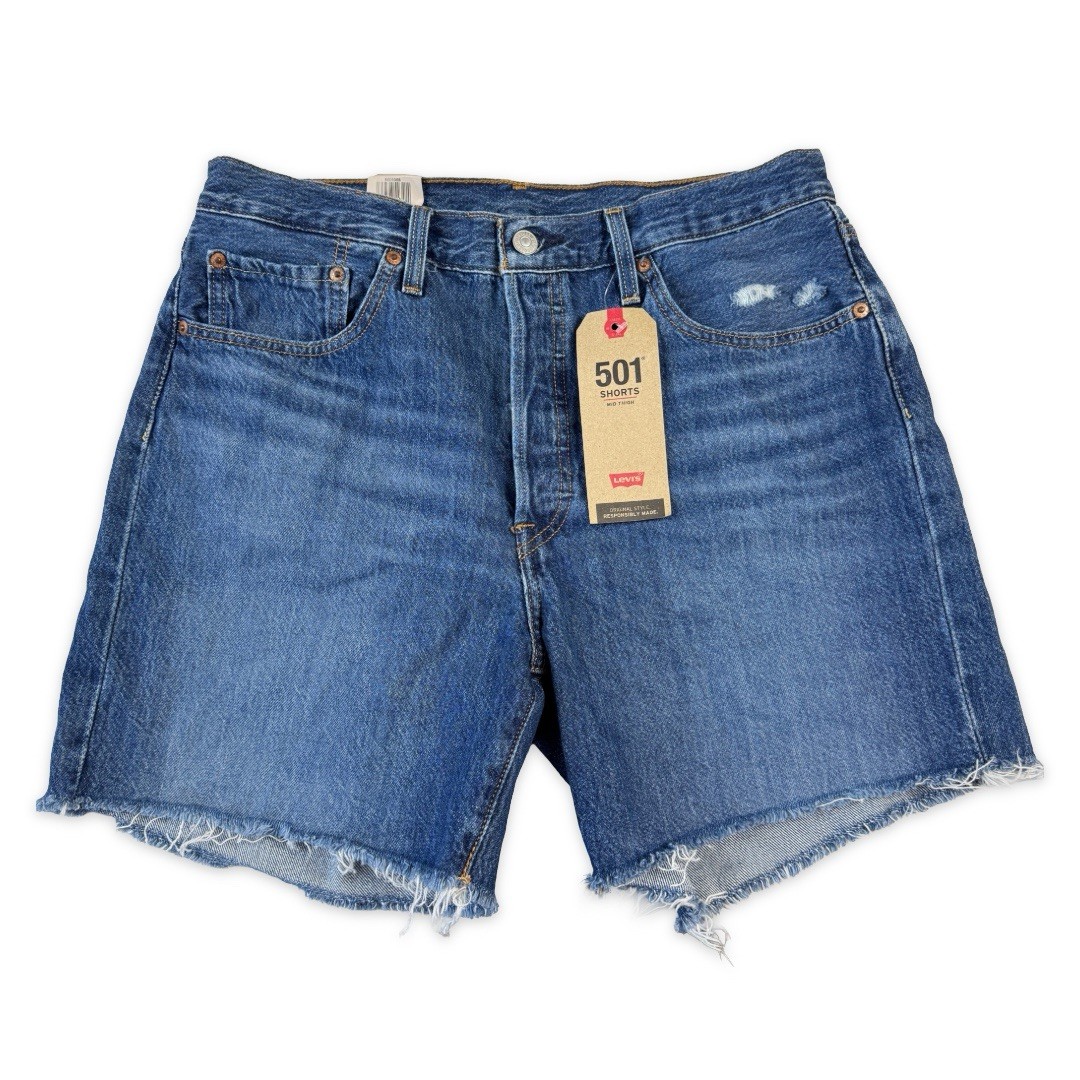 Levis 501 Mid Thigh High-Rise Jean Shorts Frayed Womens 31 Medium Wash Cut Off