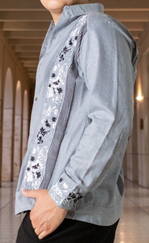 Mexican Wedding Guayabera Gray Fabric Long Sleeve Gray Silver Black Embroidery