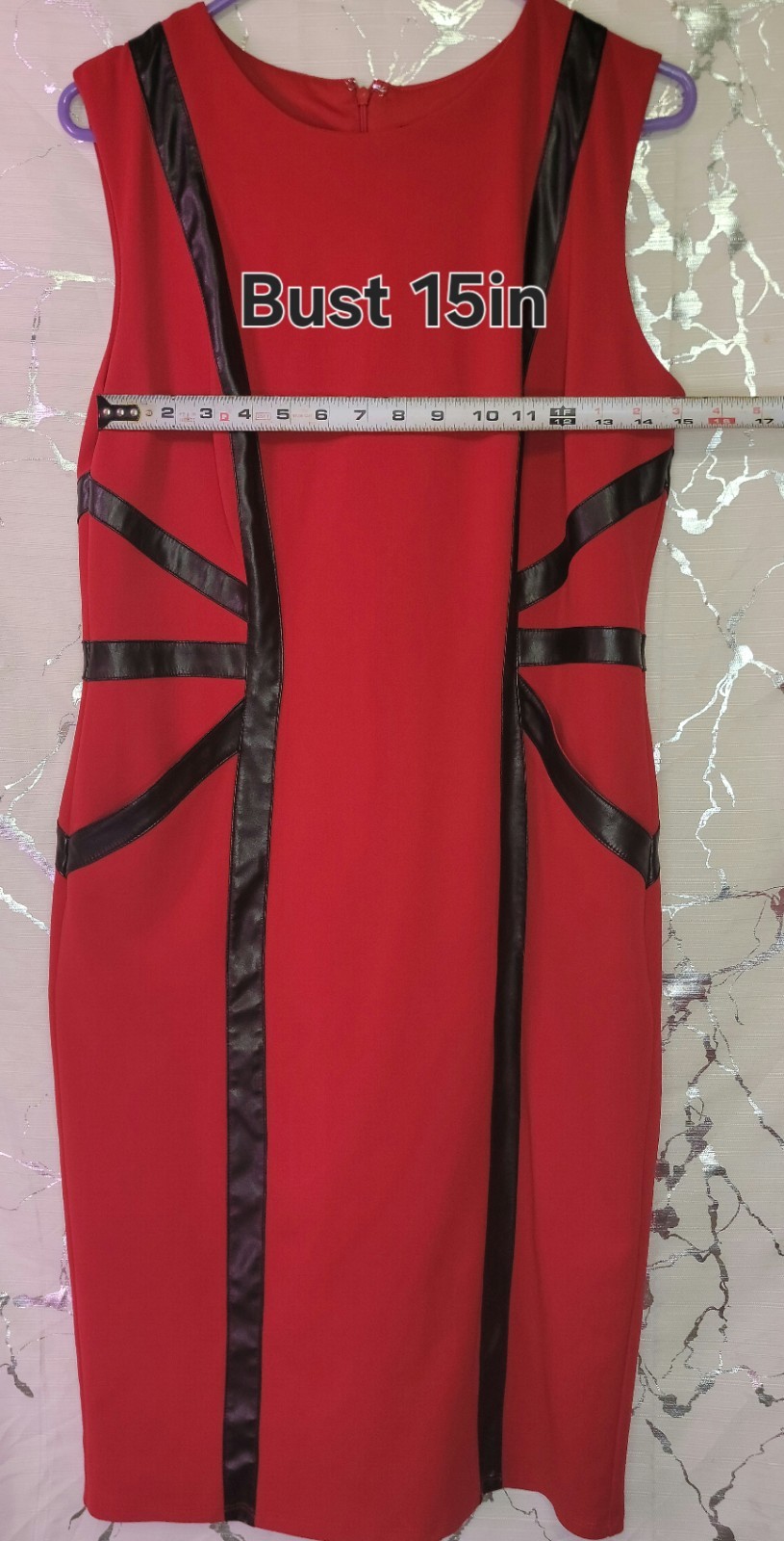 NY&C Red Bodycon Dress With Black Leather Trim And Pockets