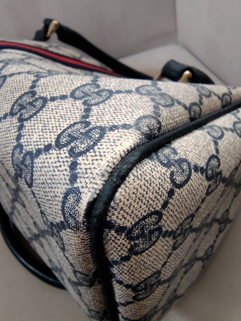 Vintage Gucci Hand Bag Sherry Navy Mini Boston Bag PVC Authentic 446T0403