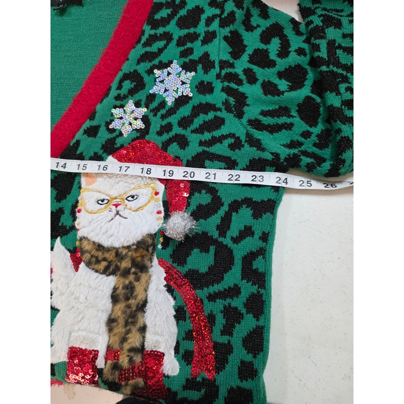 33 Degrees Womens Green Leopard Print Grumpy Cat Ugly Christmas Cardigan XL