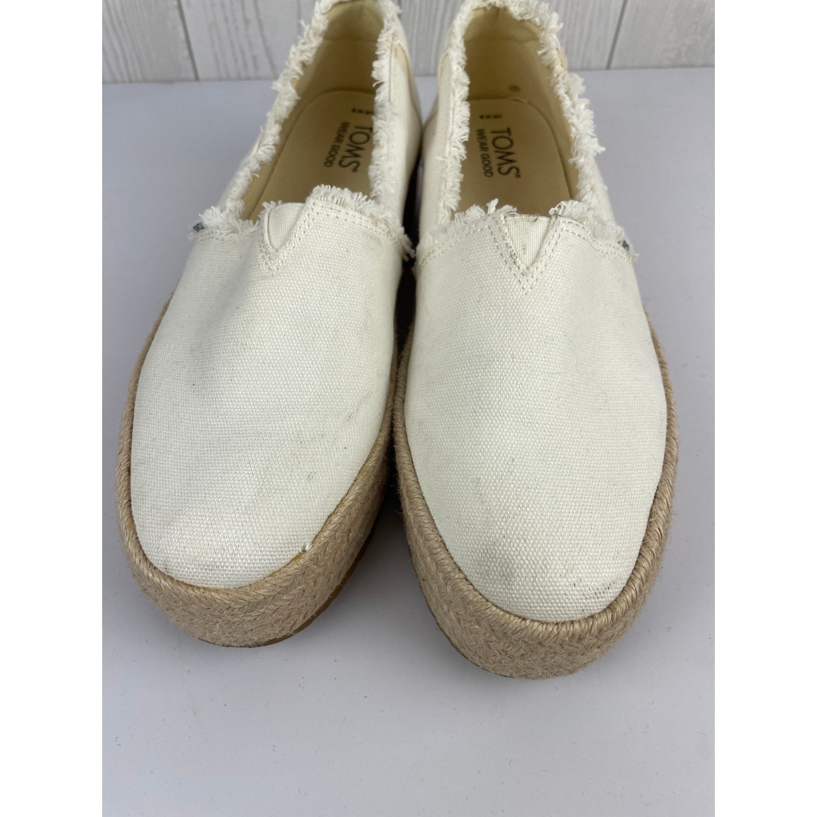 TOMS Valencia White Canvas Platform Espadrille Slip On Shoes Womens Size 8