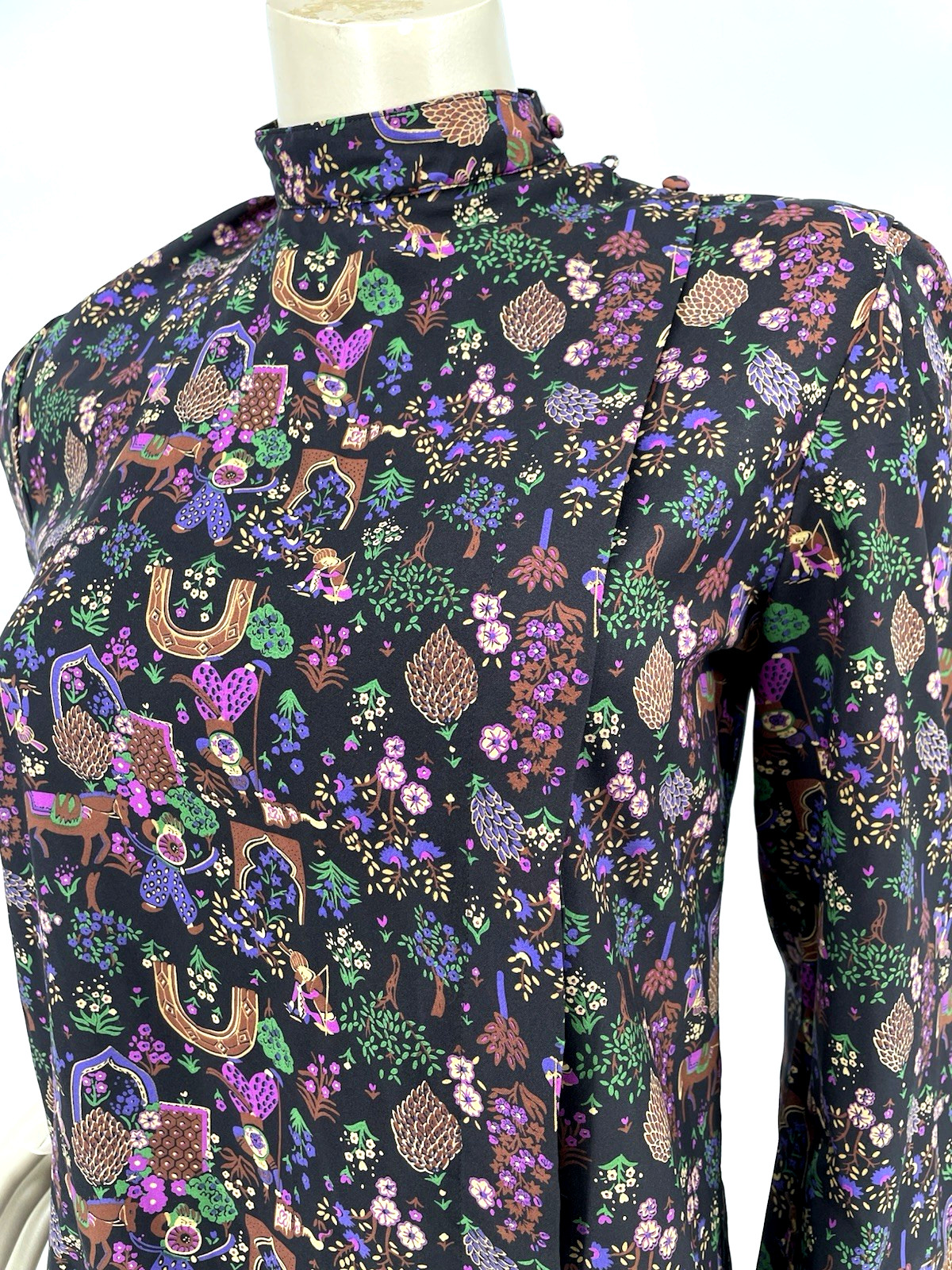 Amazing VTG 80s High Neck Sultan Raja Warrior Horse Print Button Up Shirt Top md