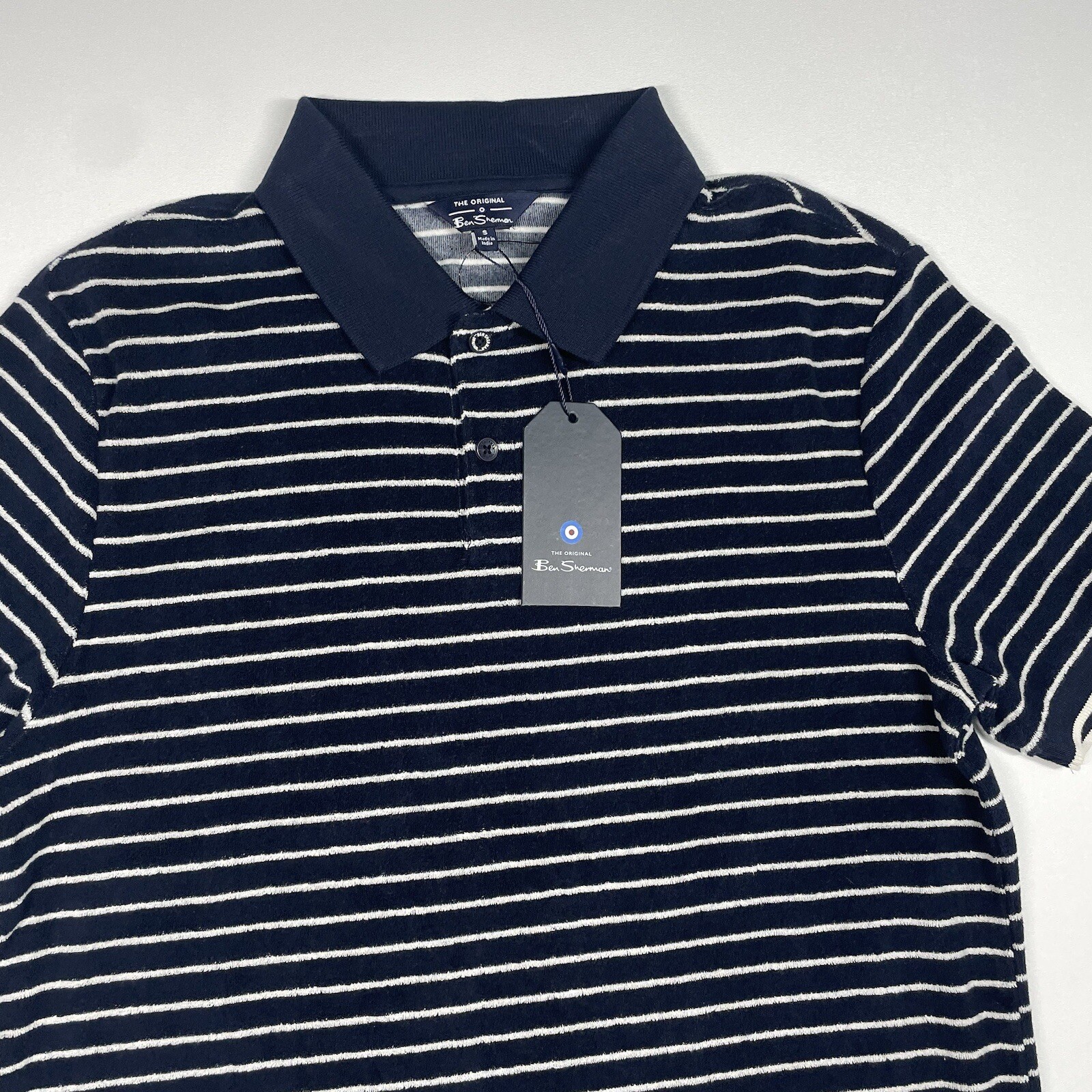 Ben Sherman Shirt Men’s Small Navy White Stripe Short Sleeve Textured Polo NEW