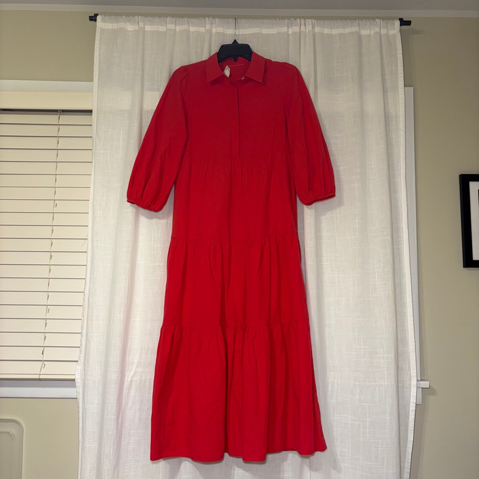 Pomander Place Dress Women Small Red Tiered Midi Shirtdress Puff Sleeve Cotton
