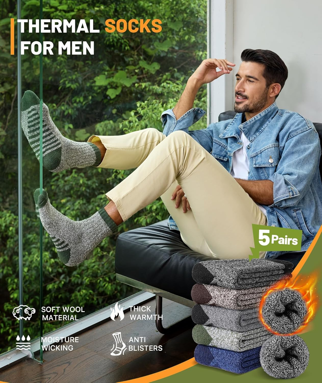 Merino Wool Socks for Men, 5 Pairs Thermal Warm Hiking Super Thick Crew Work Cus