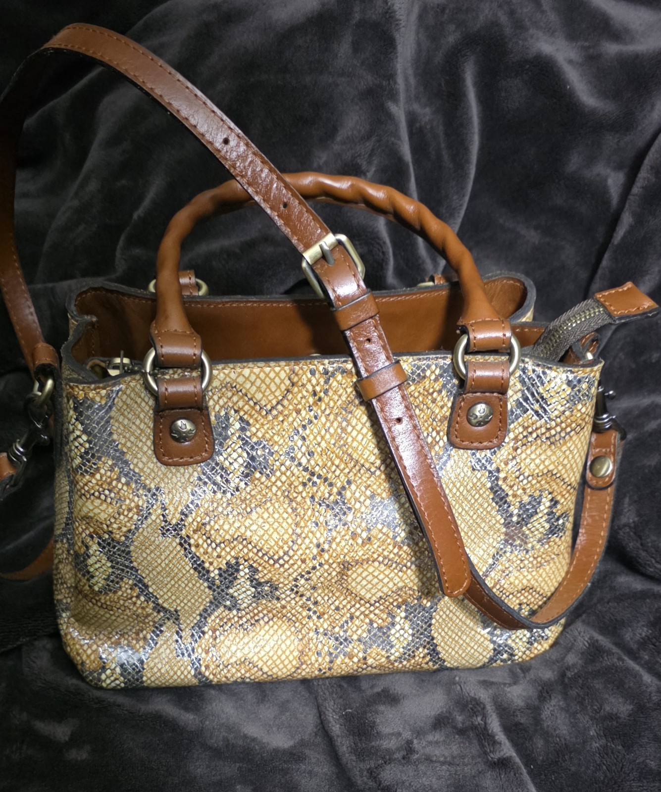 Patricia Nash Tan/Brown/Gray Snake Print Satchel Bag Zip, Detachable Strap