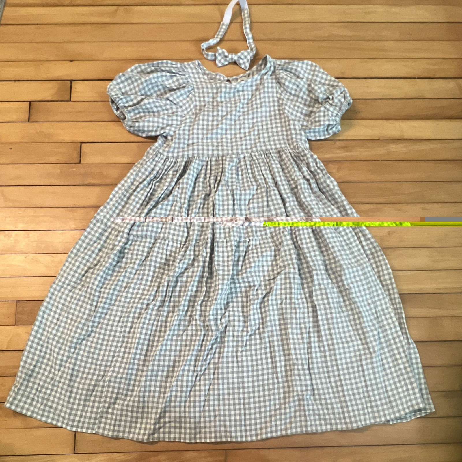 Noralee Blue/White Gingham Puff Sleeve Ruffle Tie Round Neck Midi Dress 10