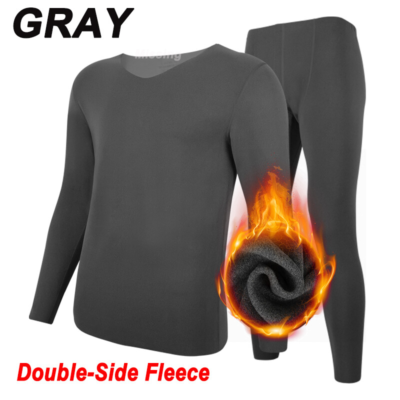 Fleece Lined Mens Thermal Underwear Set Base Layer Long Johns V-Neck Top&Bottom
