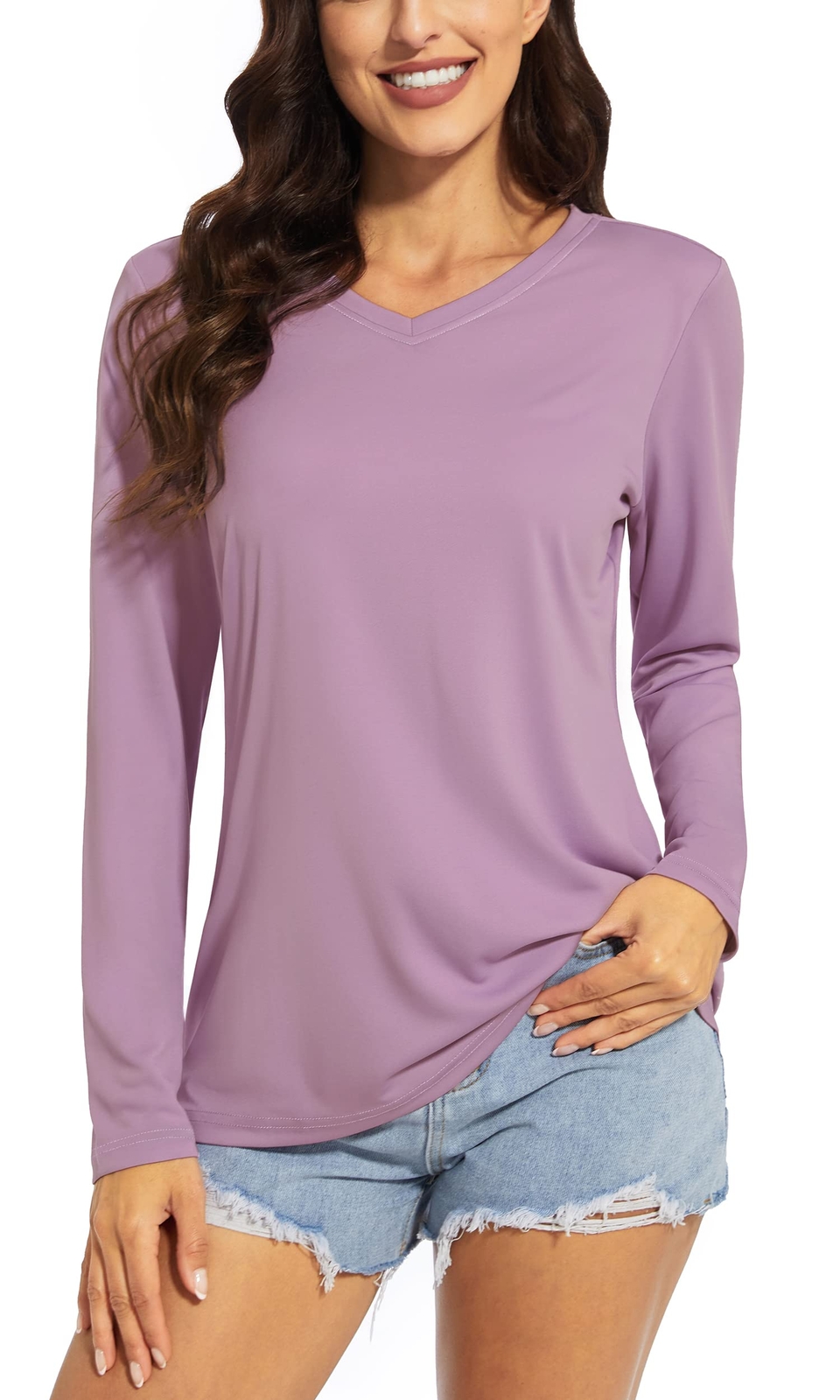 UPF50+ Womens Rash Guard Shirts Long Sleeve Quick Dry V-Neck Hiking Sports Tops