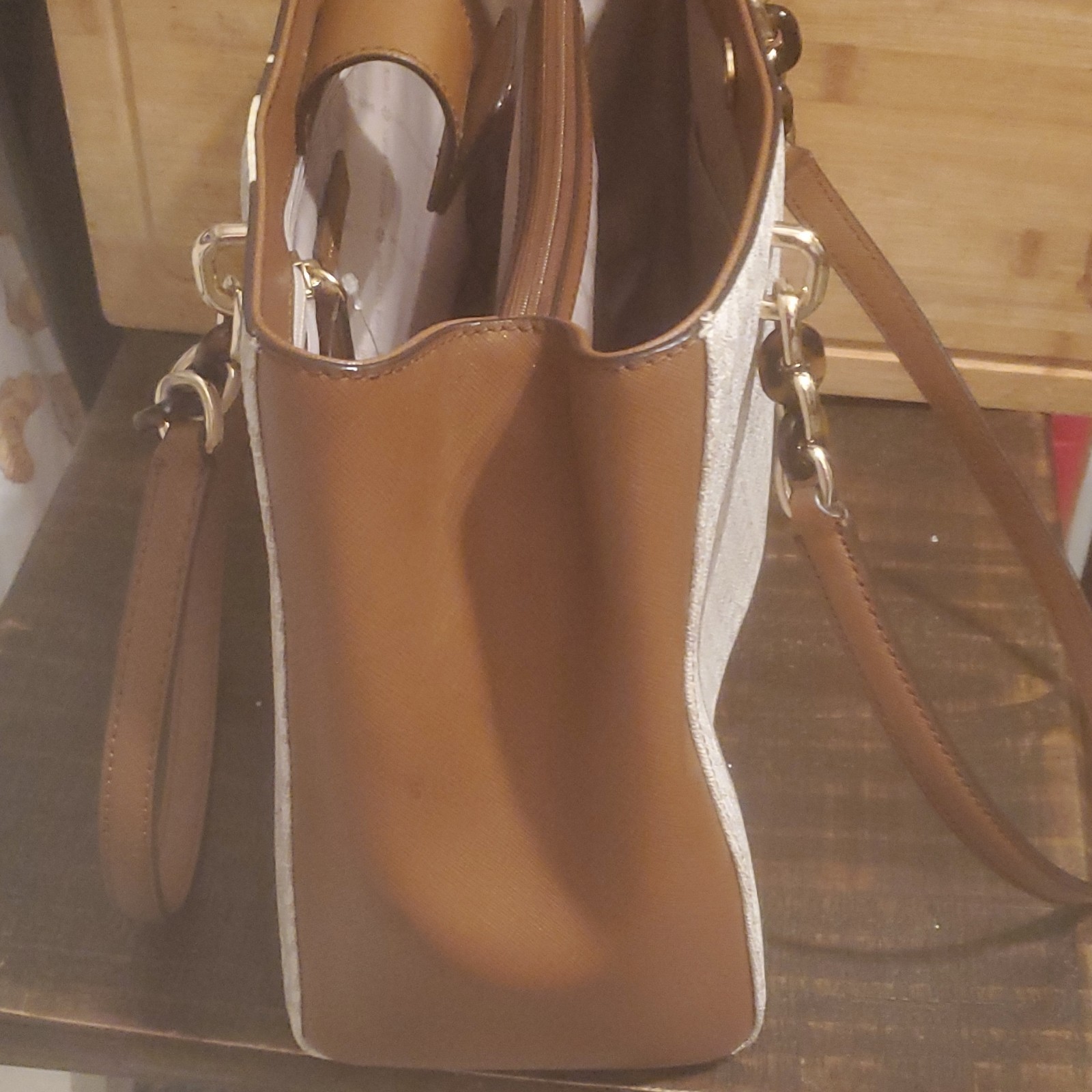 Michael Kors Signature Logo Tote Bag Large Zip Lined Inner Pockets Brown Beige