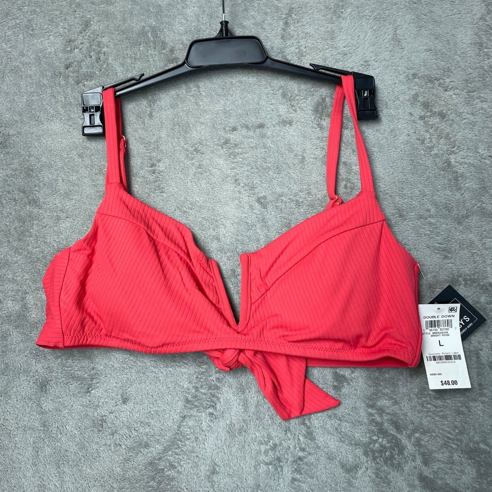 Bar III Women’s L Bright Rose Ribbed Tie back Bikini Top Adjustable e1313