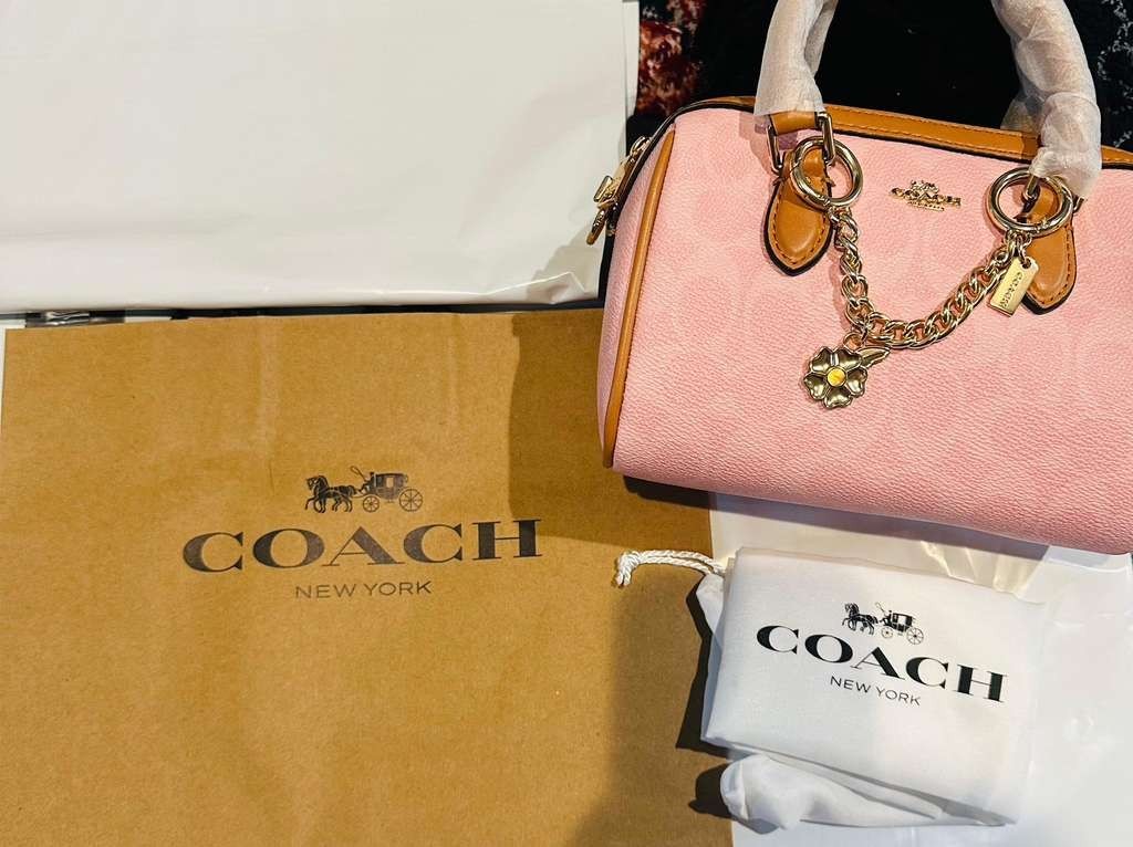 Coach Mini Rowan Crossbody Bag In Signature With Charms in Powder Pink CEK79