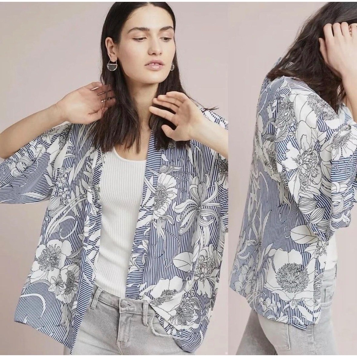 Akemi + Kin Anthropologie Savanah Floral and Stripe Kimono | One Size