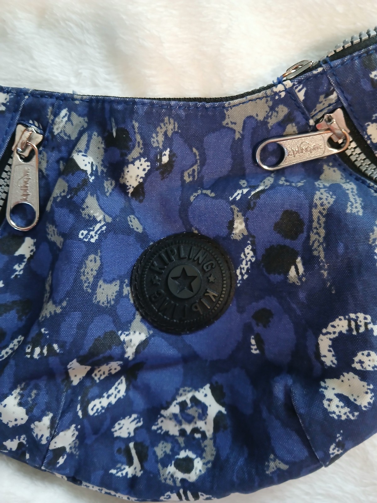 Kipling Blue Black Pattern Shoulder Crescent Bag With Monkey Keychain