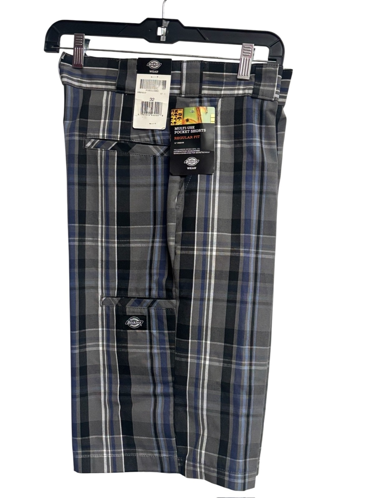 dickies mens black & blue plaid size 32 cell phone pocket reg. fit work shorts