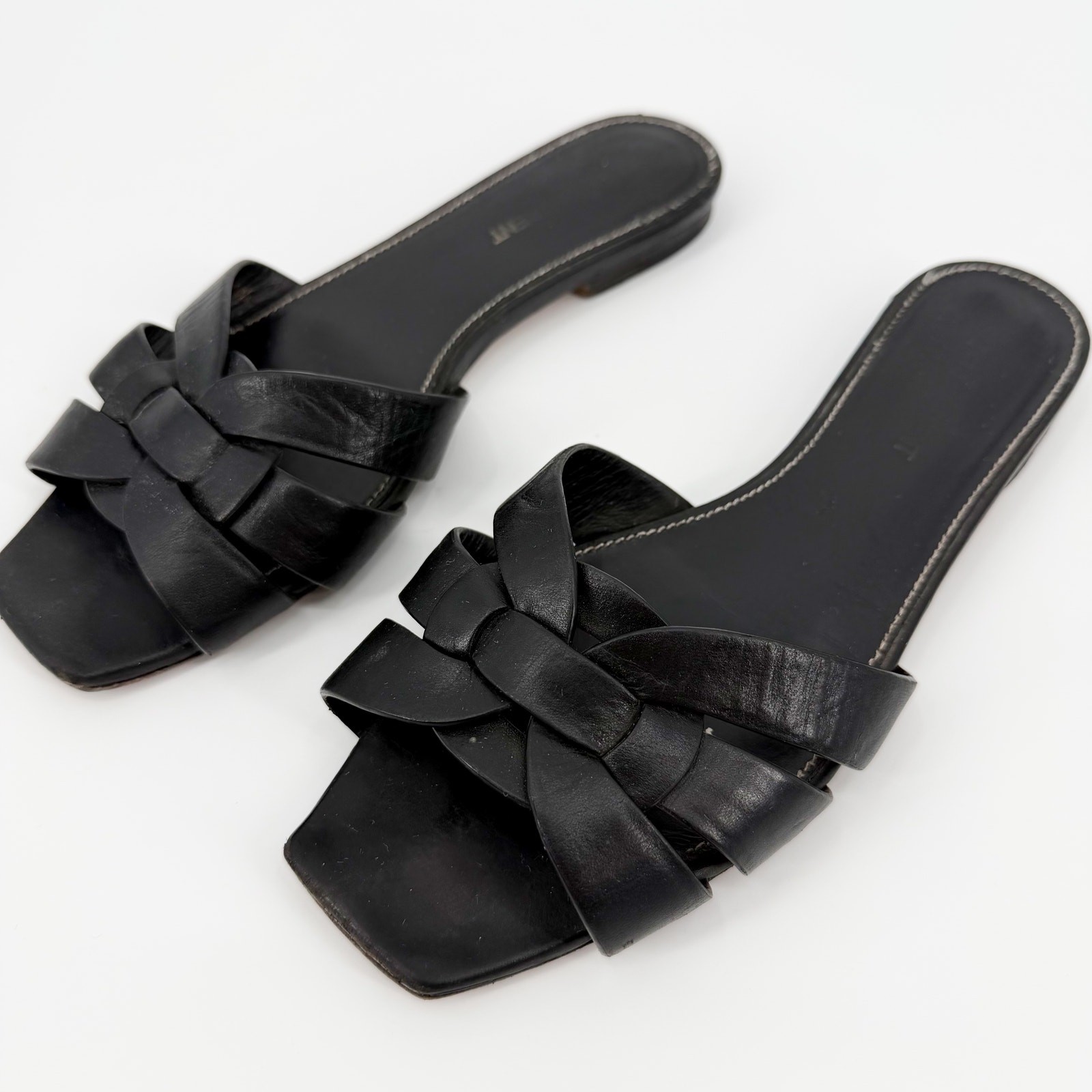 Saint Laurent Tribute Flat Woven Leather Sandals Black Slides Mules 37.5 US 7
