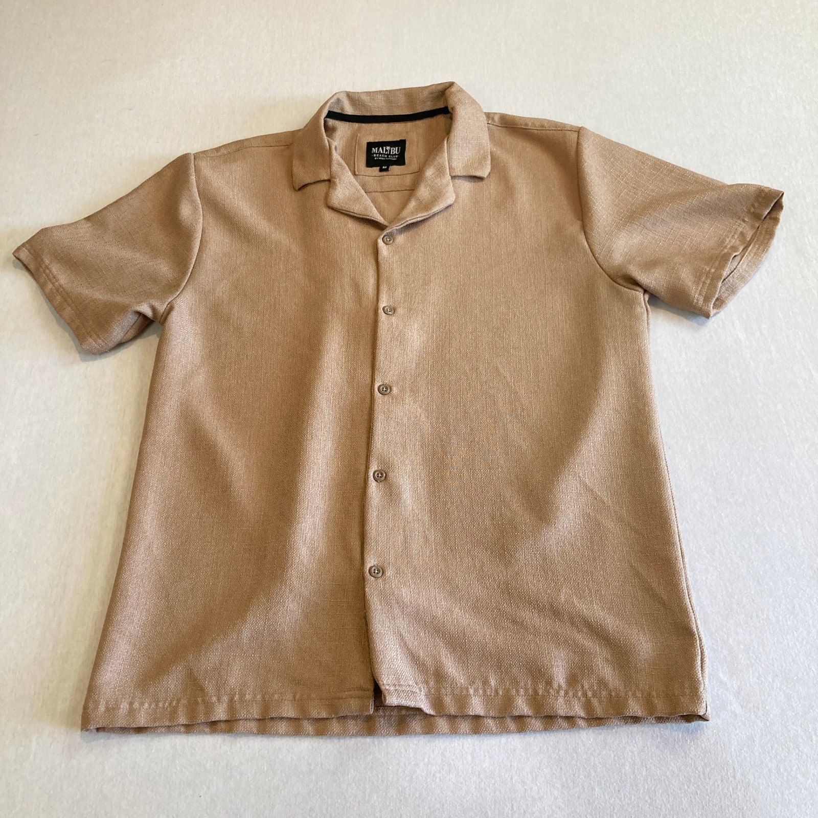Malibu Beach Club Shirt Mens Medium Drill Clothing Tan Textured Camp Collar