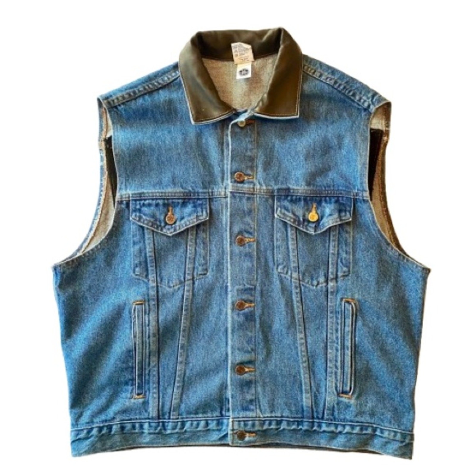 Vintage Denim Biker Vest Embossed Faux Leather Panel Sleeveless Pikes Peak 2XL