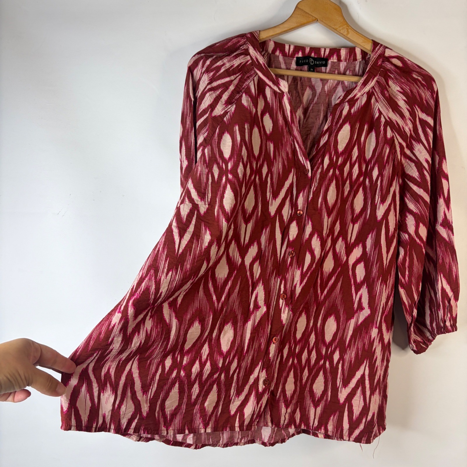 Fred David Blouse Women 2X Burgundy Pink Ikat Print Button Front 3/4 Sleeve