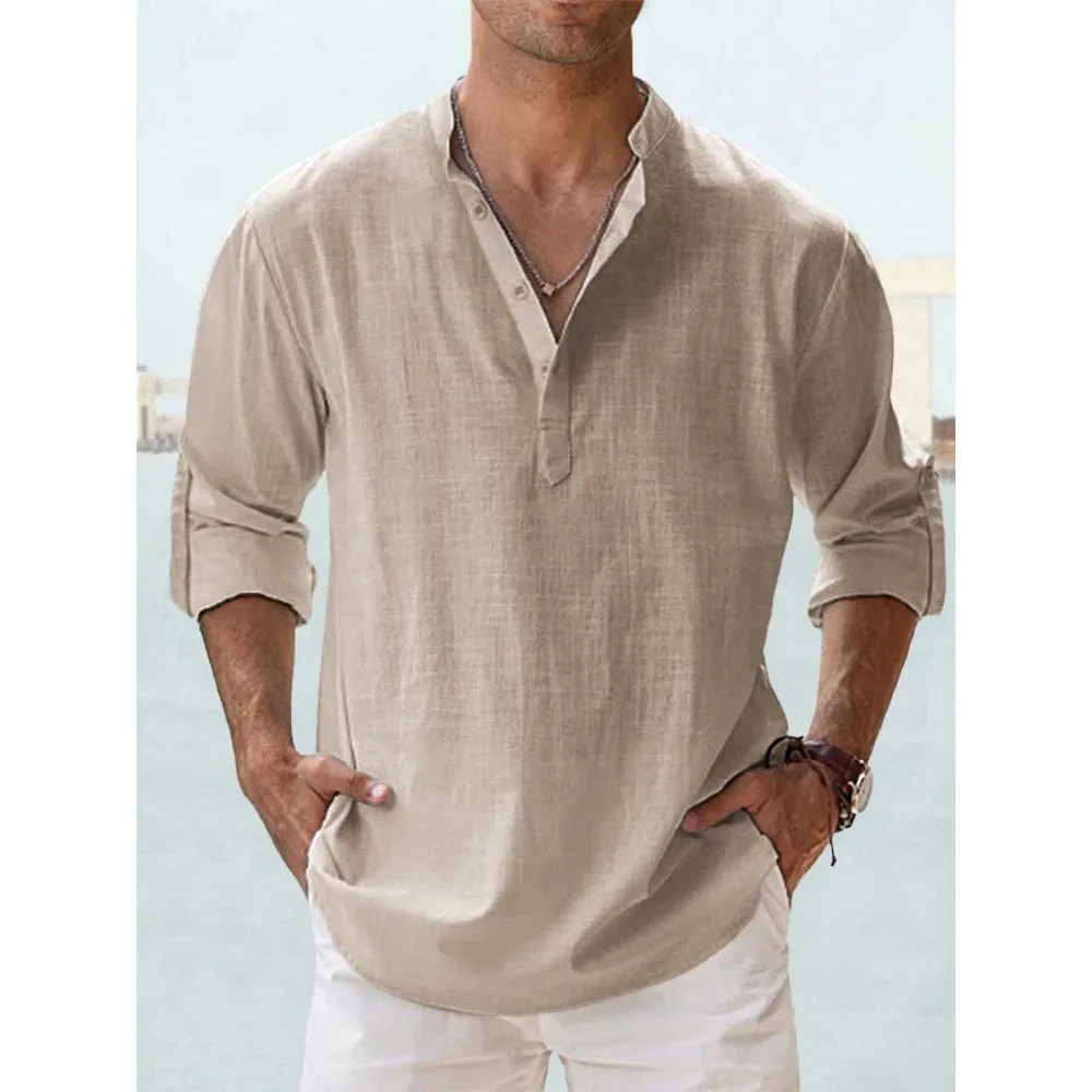 Men’s Cotton Linen Henley Shirt Summer Casual Beach Hawaiian Style Vacation Wear