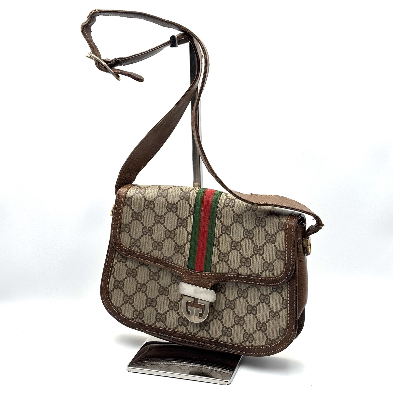 Vintage Gucci Shoulder Bag purse Sherry GG Supreme PVC Leather Brown Authentic