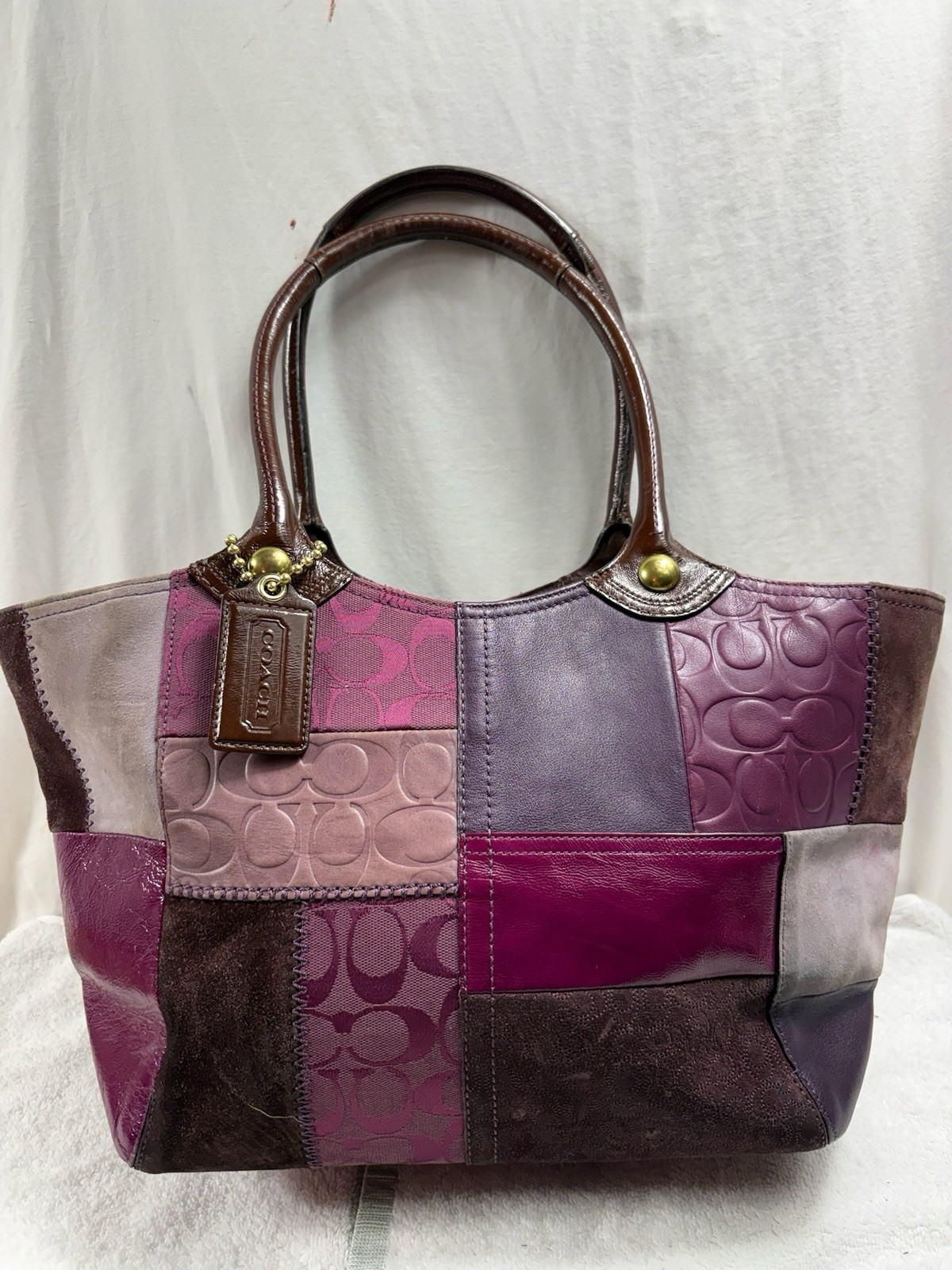 Coach Bleecker Purple Patchwork Tote Bag Leather Suede Signature Y2K F14045