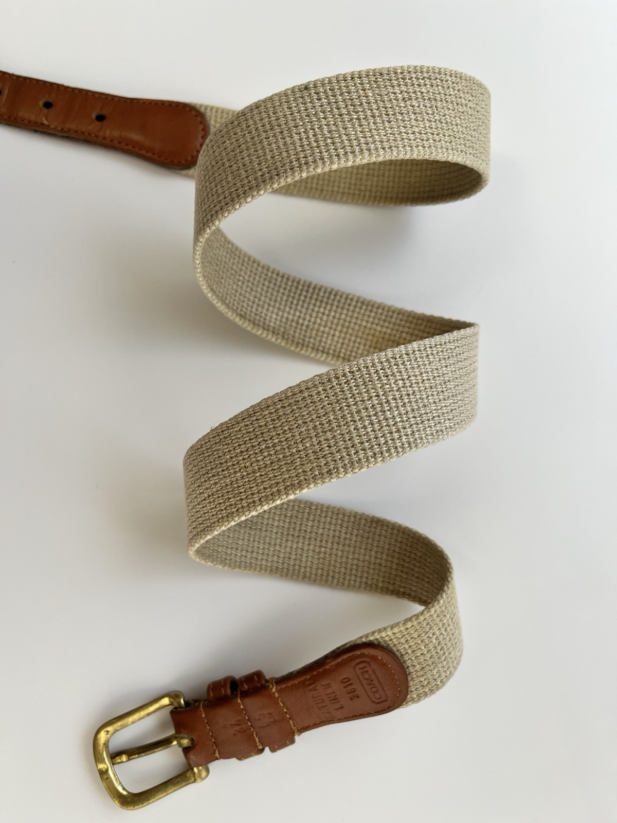 Vintage COACH Belt Women Size 34 Woven Tan Natural Linen Brown Leather Classic