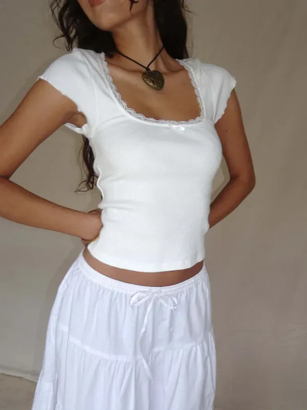 Vintage Lace Trim Baby Tee Square Neck Crop Top Cottage Style Women