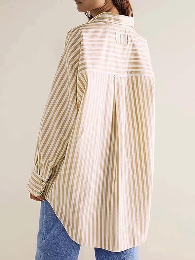 Women’s Dressy Striped Button Up Shirts Collared Long Sleeve Blouse Casual