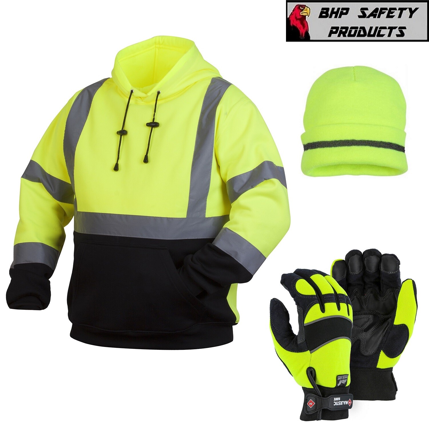 Hi-Vis Lime Class 3 Pullover Safety Sweatshirt Hoodie Jacket w/ Gloves and Hat