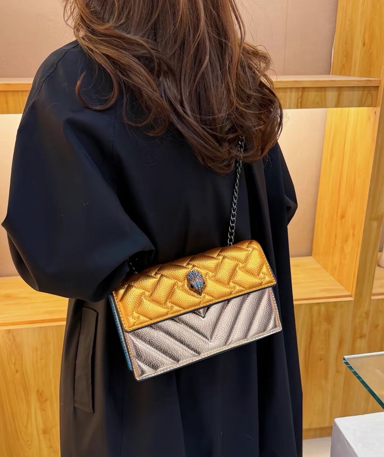 Women’s Small Multicolor Colorblock Quilted Flap Crossbody Bag, Chain Strap