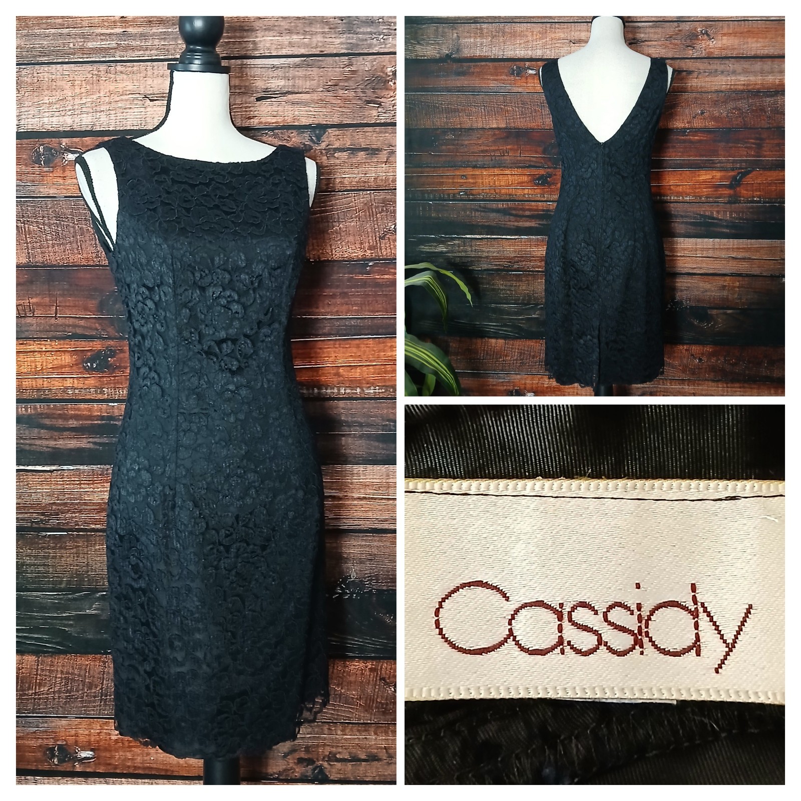 Cassidy Vintage Dress Size 8 Black Lace Low Back Sheath Zip Lined Made In USA