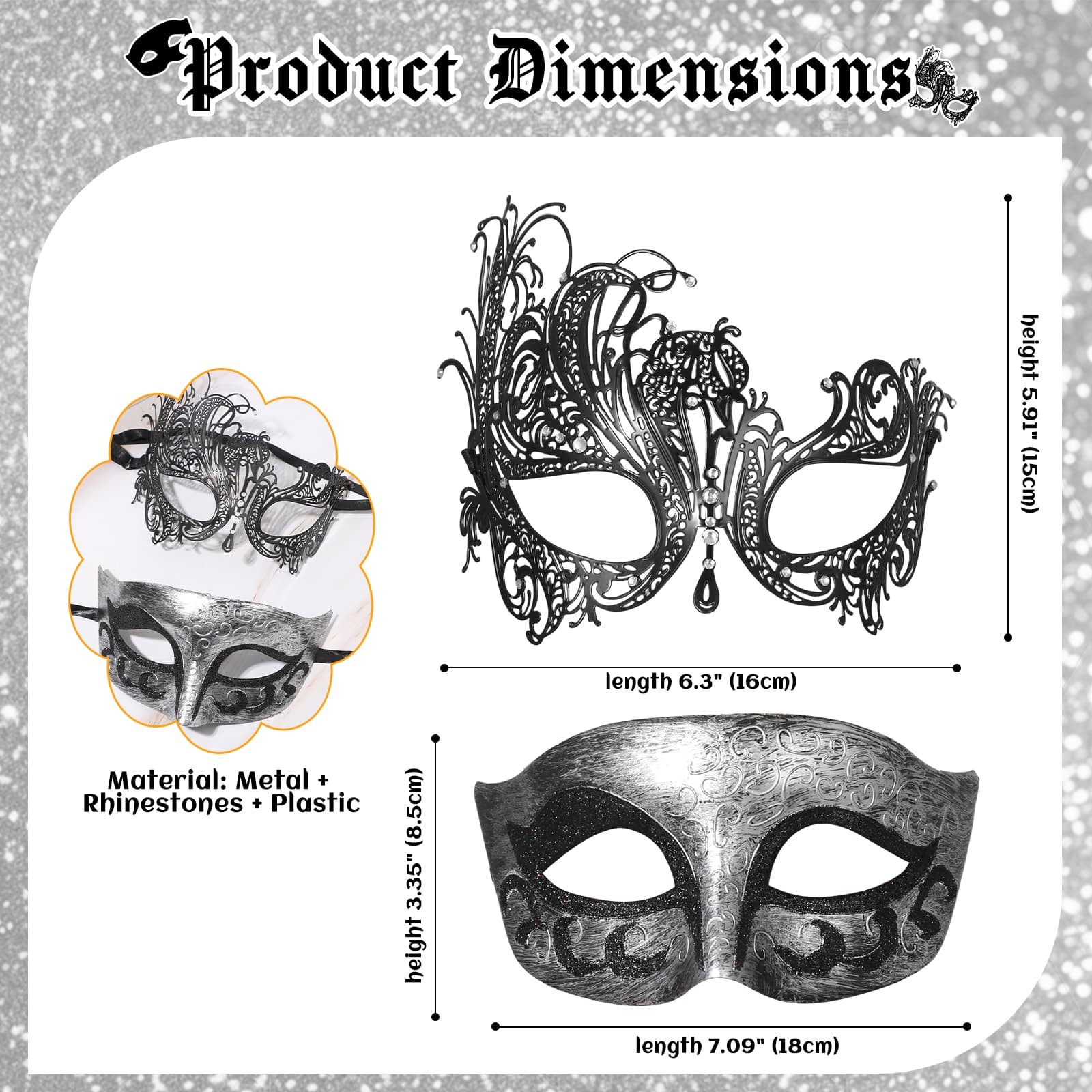2Pcs Couple Carnival Masquerade Mask Set Metallic Festival Party Halloween Masks