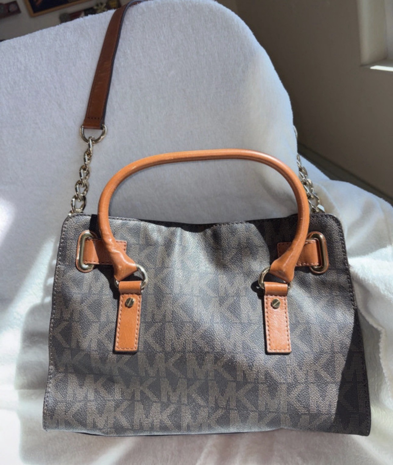 Michael Kors Brown/Gray Monogram Satchel Top Handle Chain Strap Key Detachable