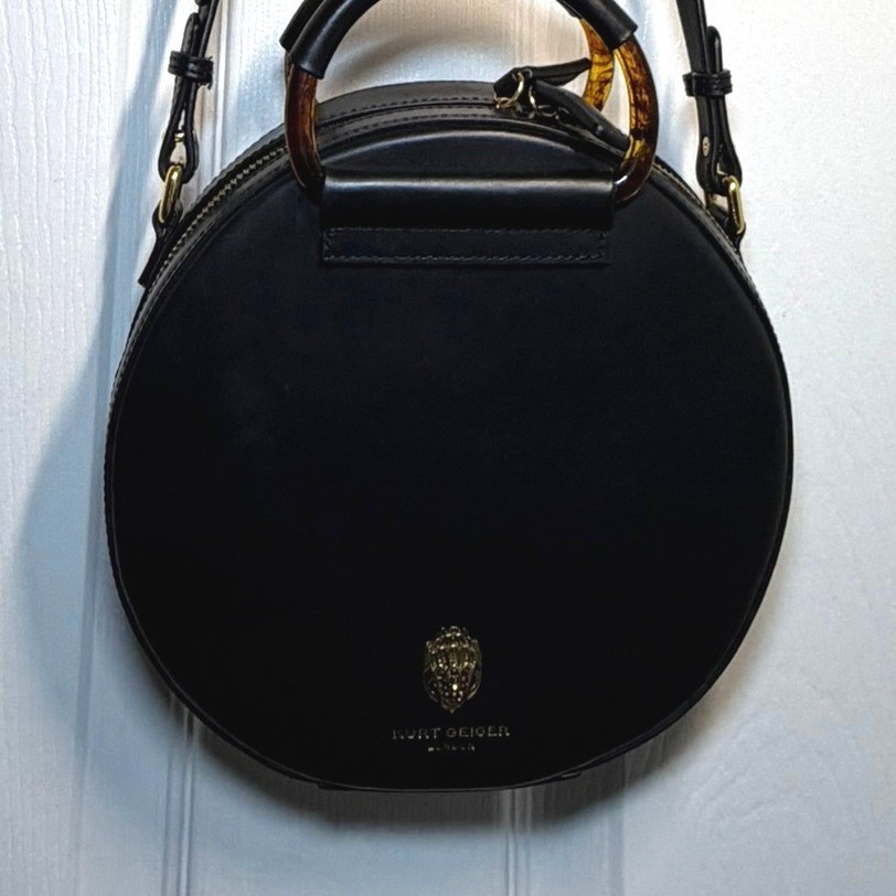 Kurt Geiger London Black Leather Round Crossbody Bag Tortoise Handle Eagle Head