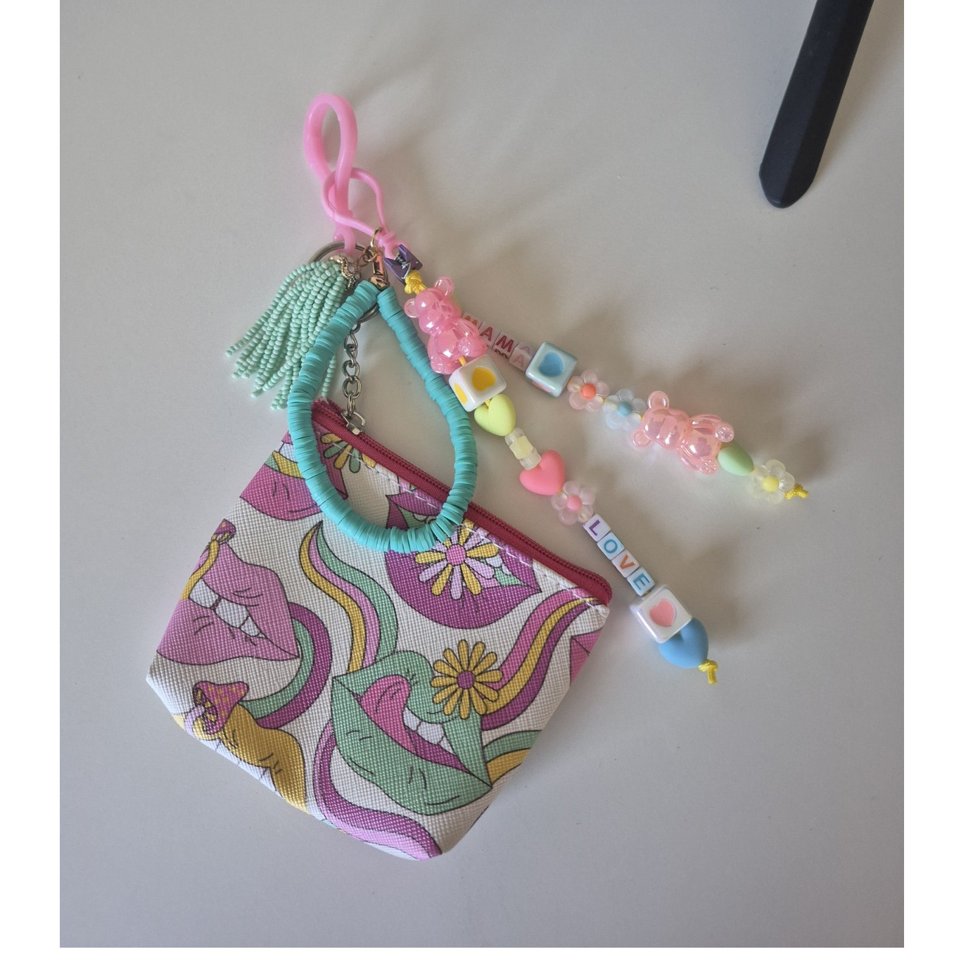Mini Floral Multicolor Zip Wristlet Pouch w/ Beaded Tassel Charm, Initials