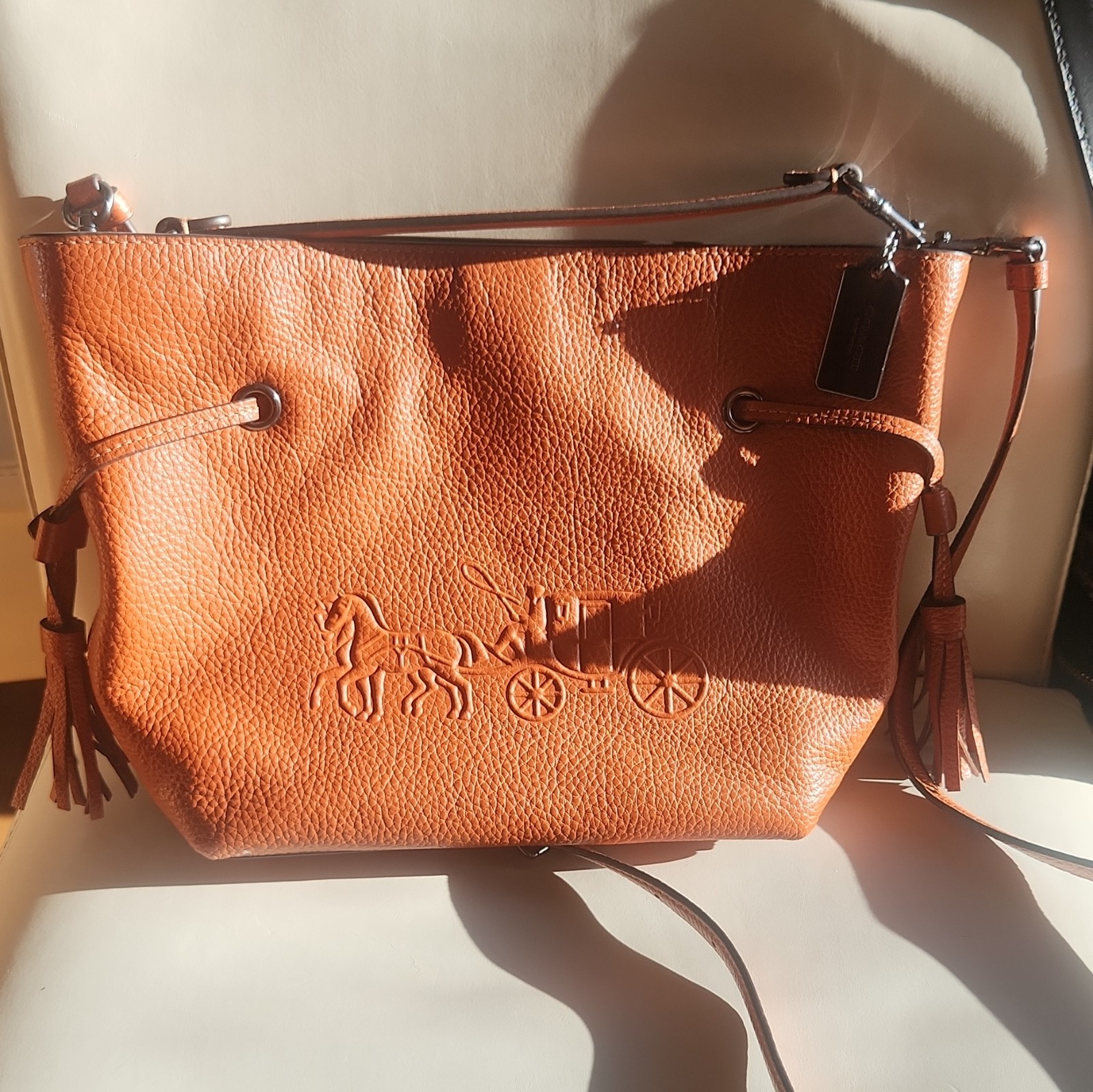 Coach Brown Pebbled Tassel Crossbody Bag Zip Detachable Strap Horse & Carriage