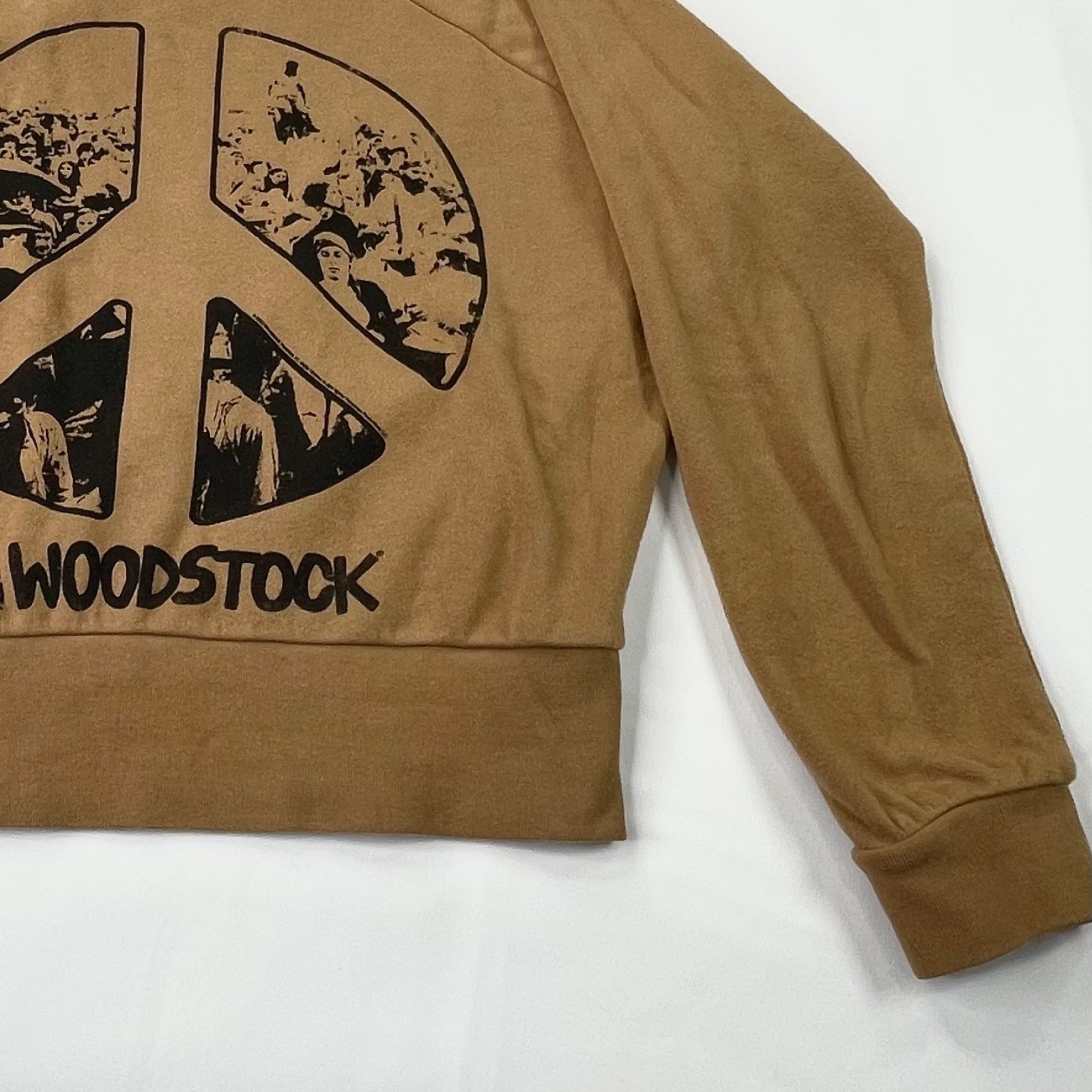 Chaser Woodstock Peace Sign Cropped Mustard Brown Sweatshirt Womens XS